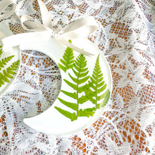 Load image into Gallery viewer, Fern crescent moon white ornament