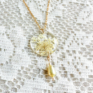 Queen Anne’s Lace pearl drop necklace