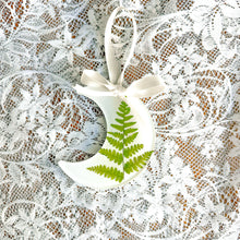 Load image into Gallery viewer, Fern crescent moon white ornament