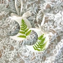 Load image into Gallery viewer, Fern crescent moon white ornament