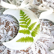 Load image into Gallery viewer, Fern crescent moon white ornament