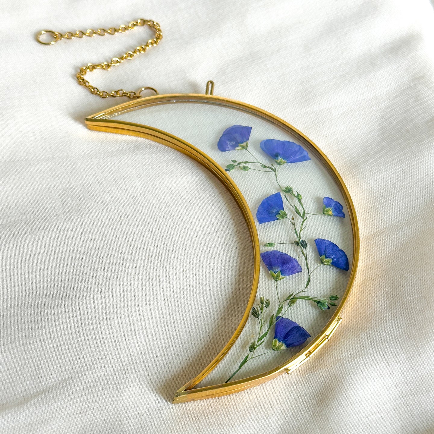 Blue flax gold crescent moon wall hanging