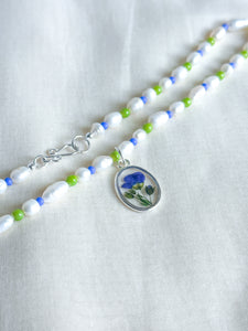 Blue flax freshwater pearl beaded necklace (no. 1)