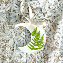 Load image into Gallery viewer, Fern crescent moon white ornament
