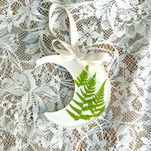 Fern crescent moon white ornament