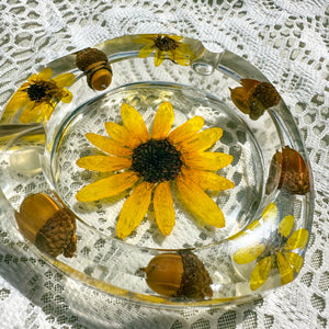 Sunflower and acorn clear ashtray