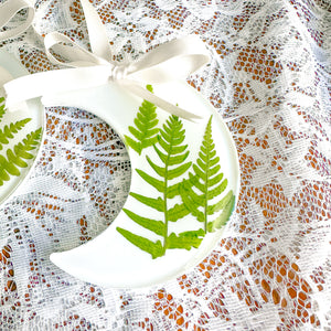 Fern crescent moon white ornament