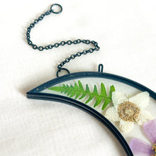 Load image into Gallery viewer, Pink cosmo &amp; white wild rose black crescent moon wall hanging

