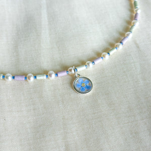 Forget-me-not beaded charm necklace