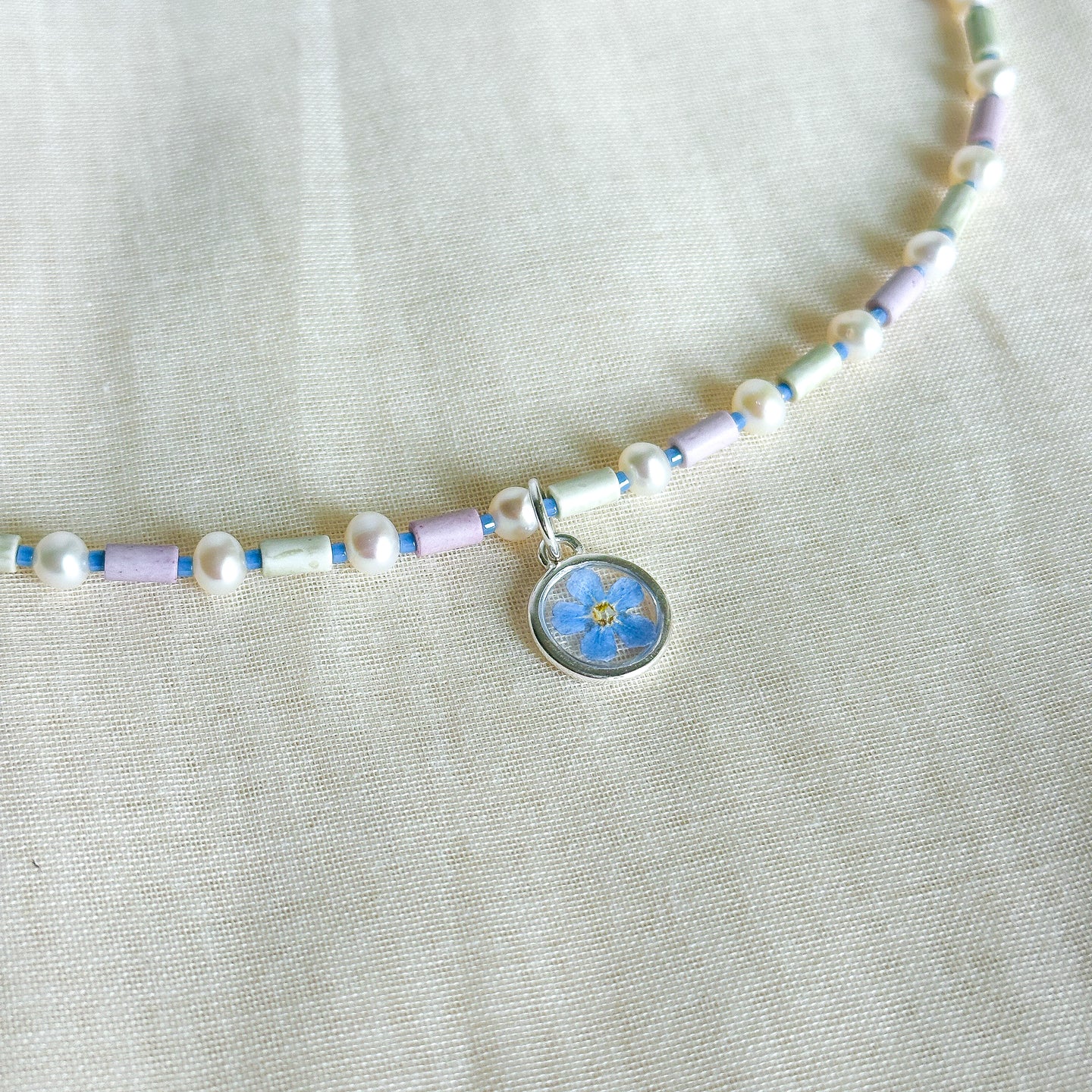 Forget-me-not beaded charm necklace