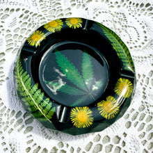 Load image into Gallery viewer, Yellow aster and fern black cannabis leaf ashtray
