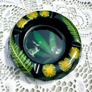 Yellow aster and fern black cannabis leaf ashtray