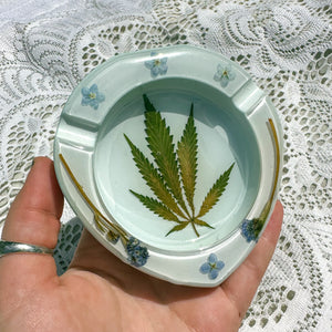 Forget-me-not white and baby blue cannabis leaf ashtray