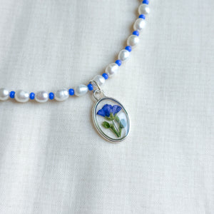 Blue flax freshwater pearl beaded necklace (no. 2)