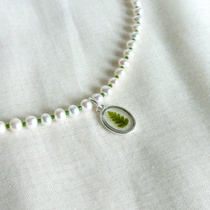 Fern freshwater pearl beaded charm necklace
