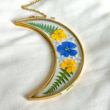 Load image into Gallery viewer, Blue flax and buttercup gold crescent moon wall hanging
