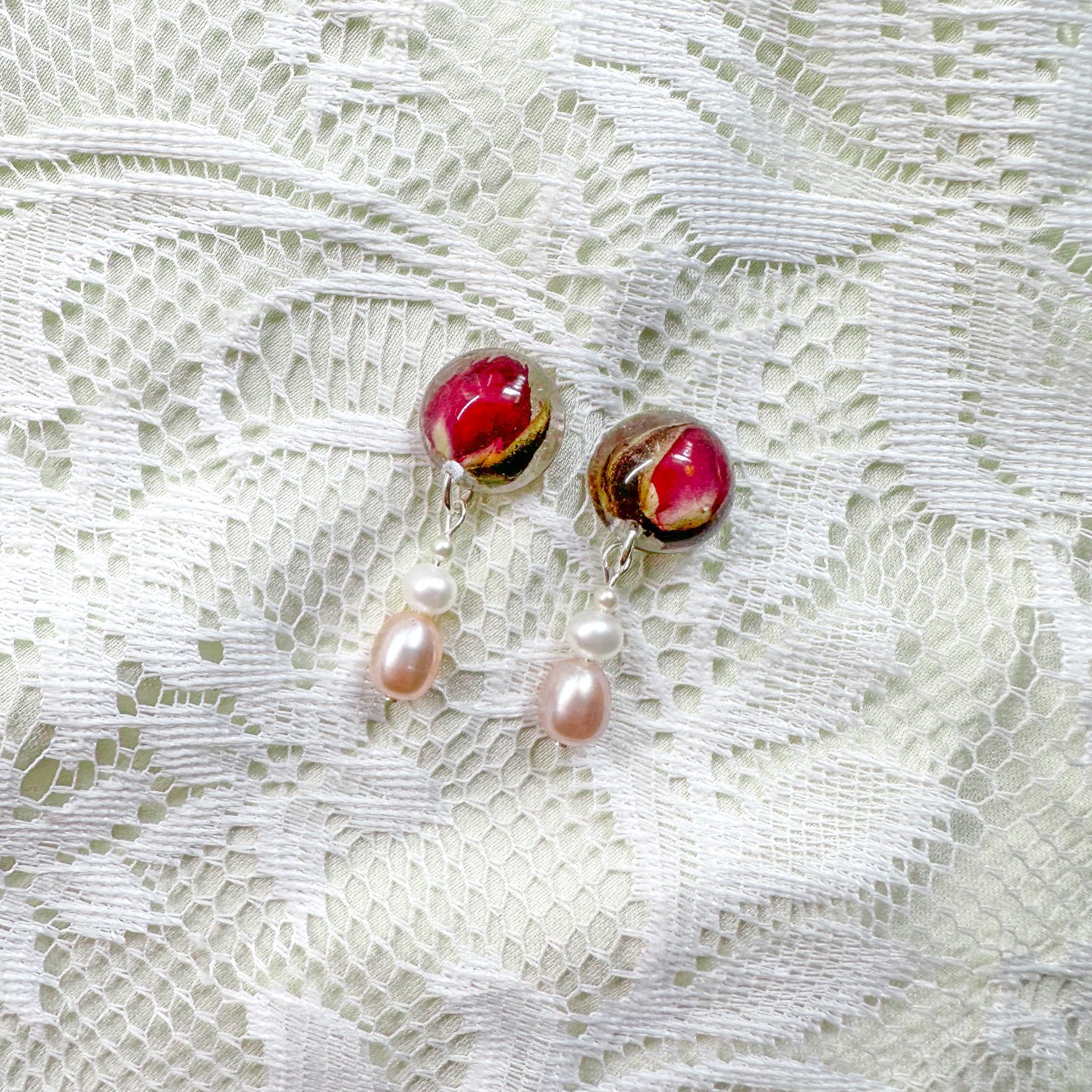 Rose bud studs with pearl drops