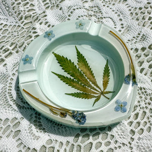 Forget-me-not white and baby blue cannabis leaf ashtray