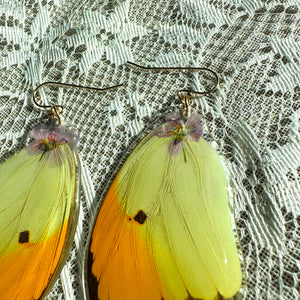 Purple flower yellow and orange wing earring