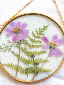 Pink cosmo & fern large circle wall hanging