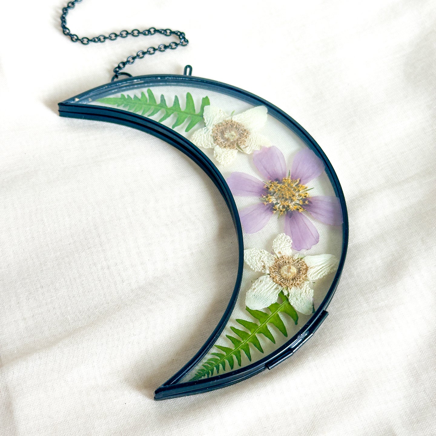 Pink cosmo & white wild rose black crescent moon wall hanging