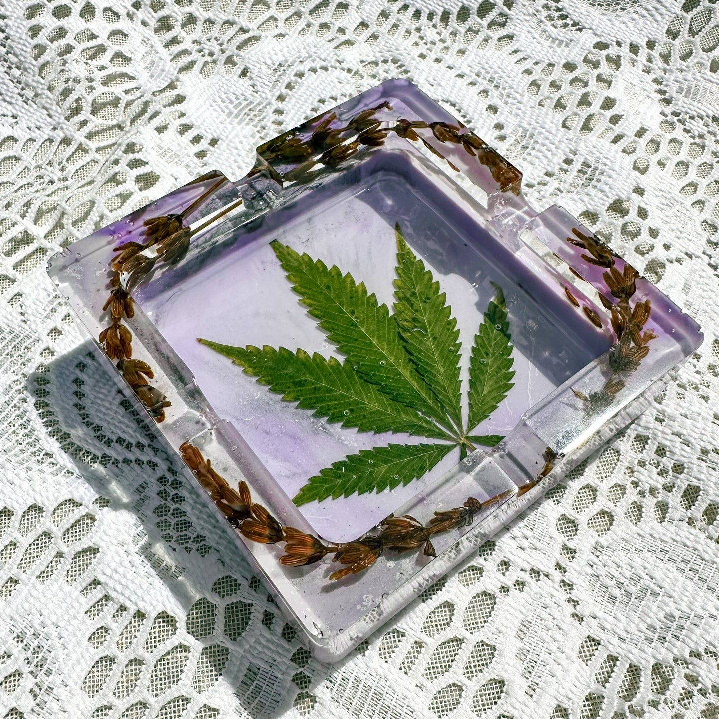 Lavender white and purple marble cannabis leaf square ash tray