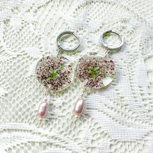 Load image into Gallery viewer, Pink Queen Anne&#39;s Lace pearl huggie hoops

