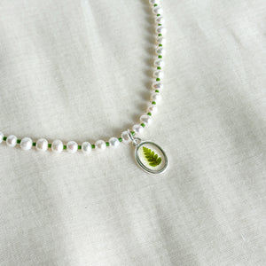 Fern freshwater pearl beaded charm necklace