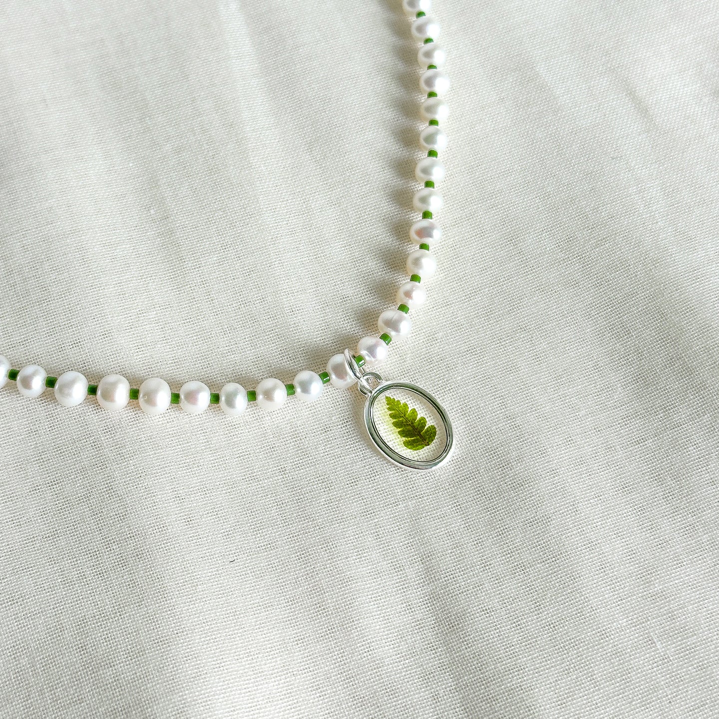 Fern freshwater pearl beaded charm necklace