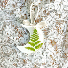 Load image into Gallery viewer, Fern crescent moon white ornament
