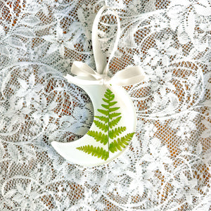 Fern crescent moon white ornament