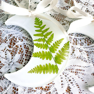 Fern crescent moon white ornament