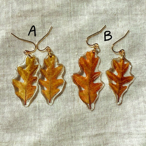 Small orange oak leaf earrings