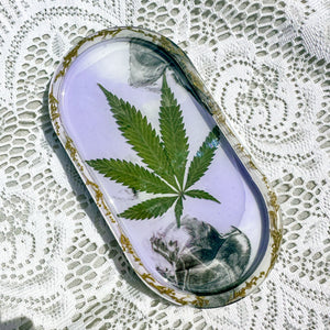 Oval sage and cannabis leaf marble tray
