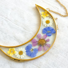 Load image into Gallery viewer, Pink cosmo &amp; blue flax gold crescent moon wall hanging

