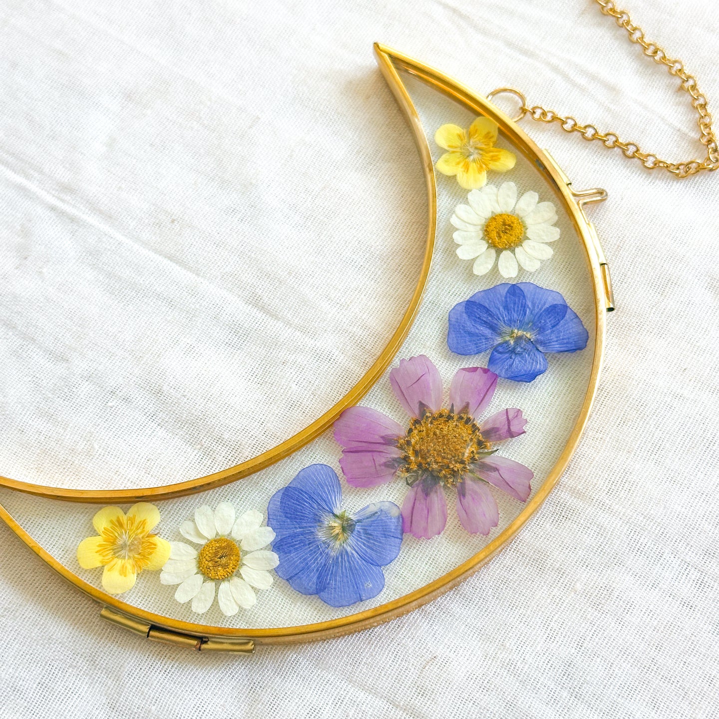 Pink cosmo & blue flax gold crescent moon wall hanging