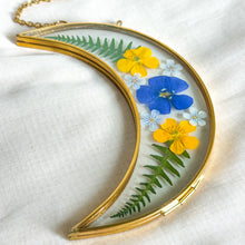 Load image into Gallery viewer, Blue flax and buttercup gold crescent moon wall hanging
