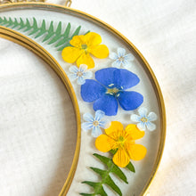 Load image into Gallery viewer, Blue flax and buttercup gold crescent moon wall hanging
