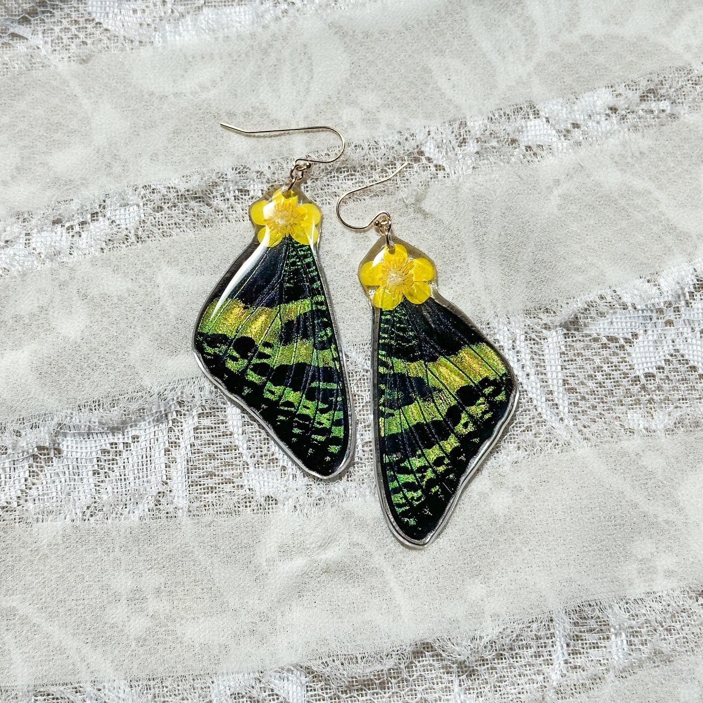 Buttercup sunset moth wing earring