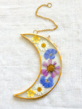 Load image into Gallery viewer, Pink cosmo &amp; blue flax gold crescent moon wall hanging
