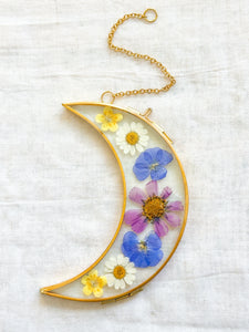 Pink cosmo & blue flax gold crescent moon wall hanging