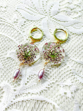 Load image into Gallery viewer, Pink Queen Anne&#39;s Lace pearl huggie hoops
