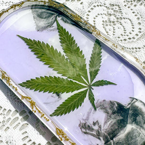 Oval sage and cannabis leaf marble tray