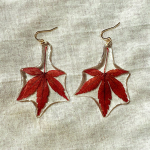 Large red maple leaf earrings