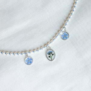 Triple forget-me-not beaded charm necklace