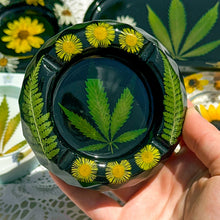 Load image into Gallery viewer, Yellow aster and fern black cannabis leaf ashtray
