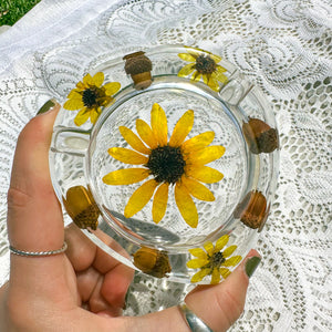 Sunflower and acorn clear ashtray