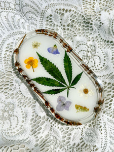Oval wildflower and cannabis leaf white tray