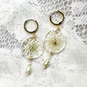 White Queen Anne's Lace pearl huggie hoops