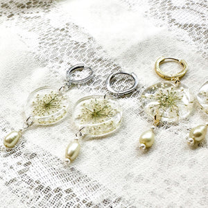 White Queen Anne's Lace pearl huggie hoops